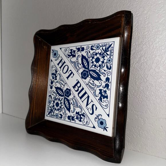 Vintage Blue & White “Hot Buns” Tile Trivet with Wood Frame Kitchen Decor - Picture 6 of 11